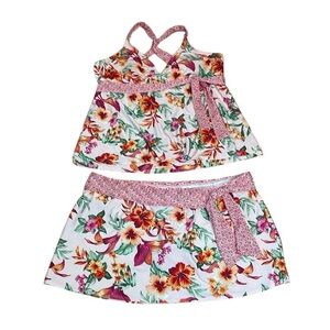 Alex Marie 2 piece Peach Floral Skirtini, Tropical, Tankini, Hibiscus, 16